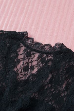 Black Lace Splicing V Neck Ribbed Sleeveless Top