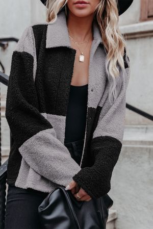 Дамско късо палто с 'color block' дизайн в черно и сиво
