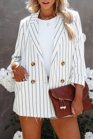Дамско раирано сако с ревер в бял цвят