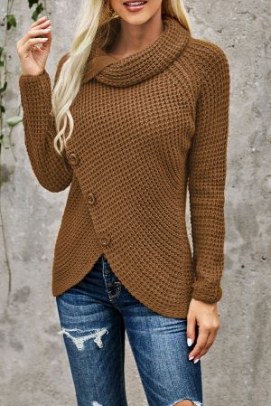 Brown Buttoned Wrap Turtleneck Sweater