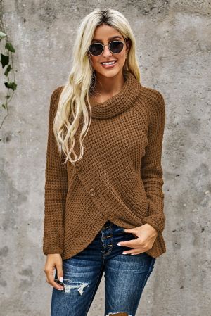 Brown Buttoned Wrap Turtleneck Sweater