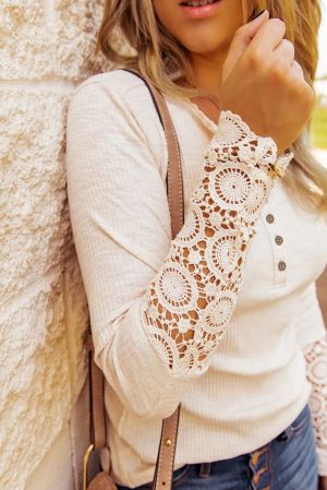 Beige Crochet Lace Hem Sleeve Button Top