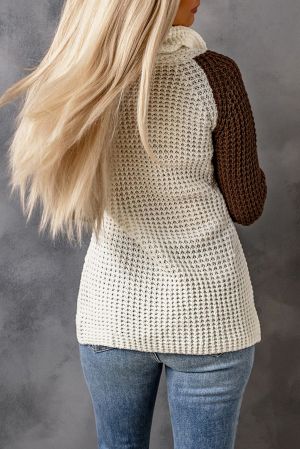 Brown Button Turtle Cowl Neck Asymmetric Hem Wrap Pullover Sweater