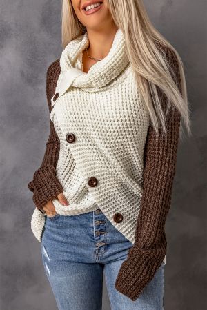 Brown Button Turtle Cowl Neck Asymmetric Hem Wrap Pullover Sweater