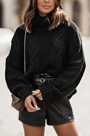 Дамски пуловер в черно с обемна поло яка
