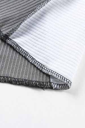 Gray Irregular Color Block Seaming Trim Rib Knit Top