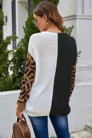 Leopard Print Contrast Color V Neck Sweater