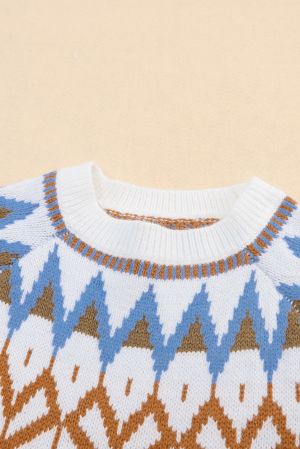 Blue Geometric Print Ribbed Trim Sweater