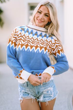 Дамски пуловер в синьо с ефектен принт