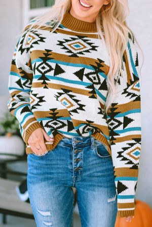 Дамски ефектен пуловер с ацтекски принт