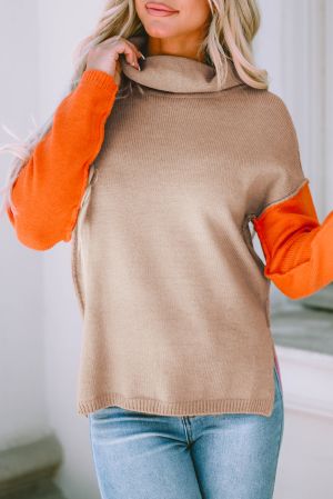 Дамски пуловер с 'color block' дизайн и поло яка