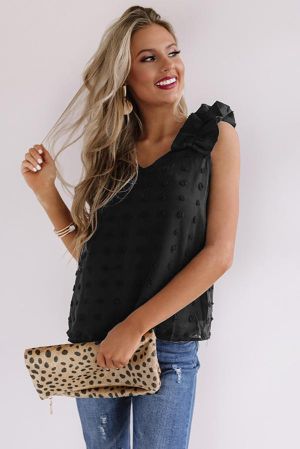 Black Swiss Dot Woven Sleeveless Top With Ruffled Straps