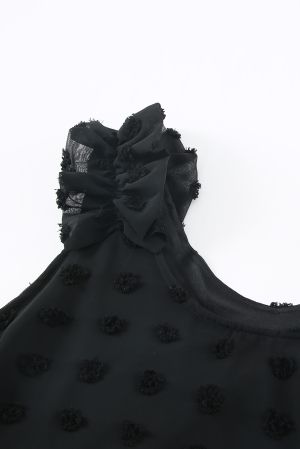 Black Swiss Dot Woven Sleeveless Top With Ruffled Straps