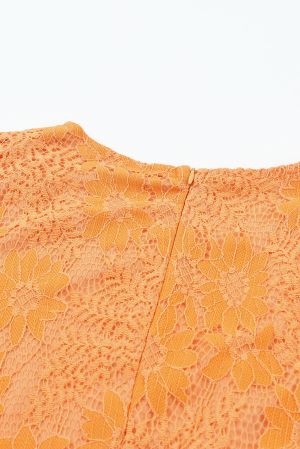 Orange Flutter Sleeve Wrap V Neck Floral Lace Short Dress