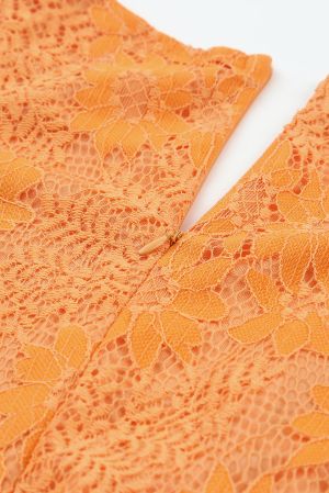 Orange Flutter Sleeve Wrap V Neck Floral Lace Short Dress