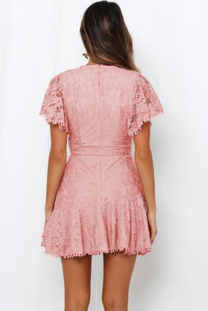 Pink Flutter Sleeve Wrap V Neck Floral Lace Short Dress