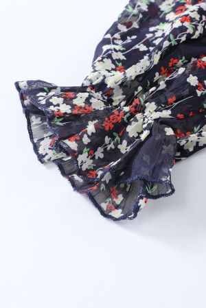 Blue Ruffle Detailing Open Back Floral Dress