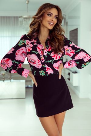 Дамска риза в черно с дълъг ръкав и принт на цветя