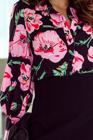 Дамска риза в черно с дълъг ръкав и принт на цветя