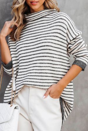 Gray Striped Turtleneck Loose Sweater