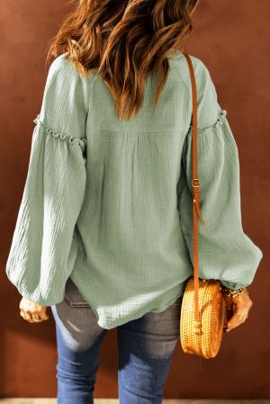 Дамска памучна блуза с дълъг ръкав тип балон в зелен цвят