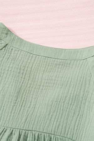 Green Casual Balloon Sleeve Crinkled Top