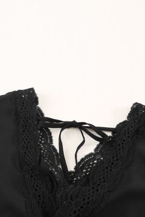 Black Lace Splicing V Neck Short Sleeve Blouse