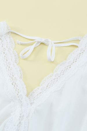 White Lace Splicing V Neck Short Sleeve Blouse
