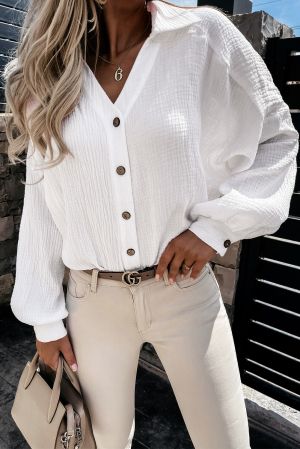 White Turn-down Collar V Neck Crinkled Cuffed Shirt