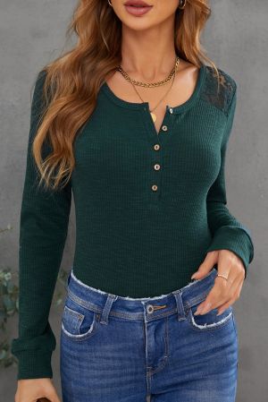 Green Lace Back Buttoned Henley Top
