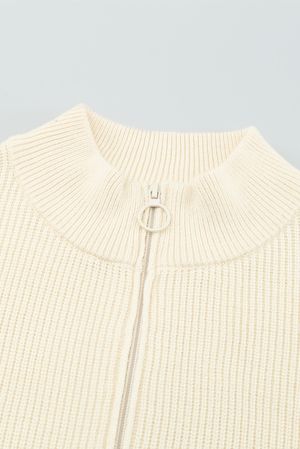 Beige Striped Zipper Knit Sweater