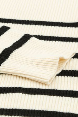 Beige Striped Zipper Knit Sweater