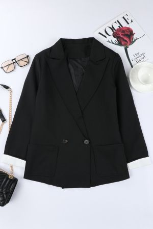 Black Buttoned Lapel Collar Blazer with Pocket