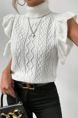 Дамски пуловер в бяло без ръкав, с поло яка