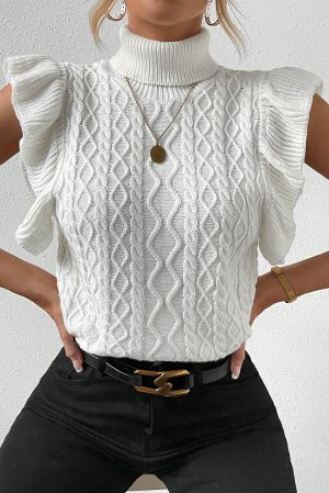 Дамски пуловер в бяло без ръкав, с поло яка