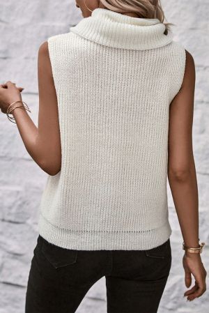 Дамски пуловер в бяло без ръкав, с обемна яка