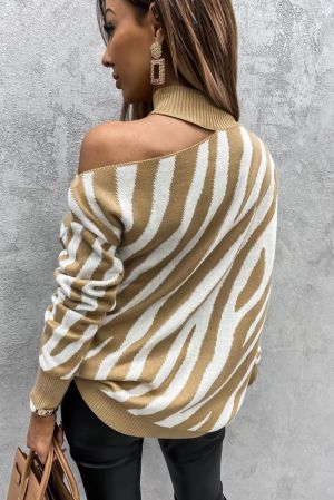 Khaki Zebra Print Mock Neck Cold Shoulder Sweater