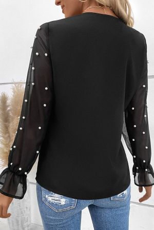 Дамска елегантна блуза в черно с V-образно деколте и перли