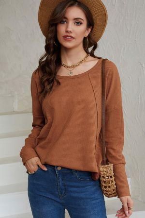 Brown Waffle Knit Splicing Buttons Long Sleeve Top