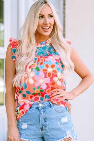 Pink Embroidered Detail Floral Print Ruffle Trim Tank Top