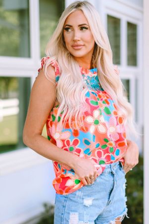 Pink Embroidered Detail Floral Print Ruffle Trim Tank Top