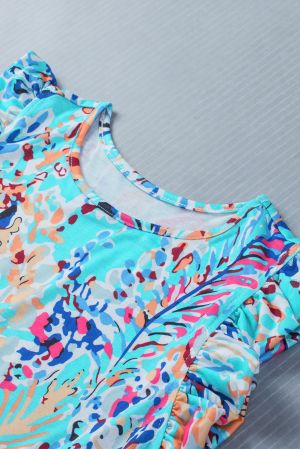 Sky Blue Floral Print Tank Top with Ruffles