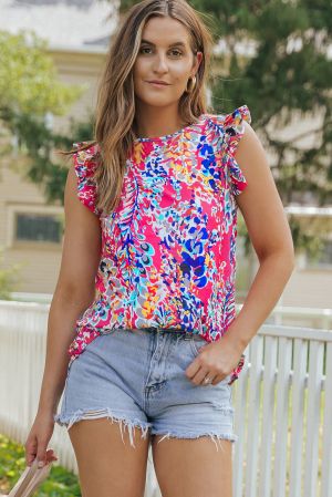 Rose Floral Print Tank Top with Ruffles