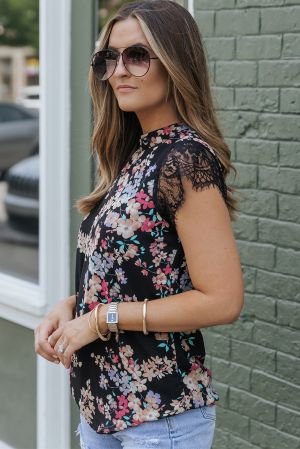 Black Dainty Floral Print Lace Sleeve Blouse