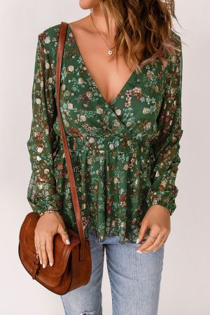 Дамска блуза в тъмнозелено с дълъг ръкав и флорален принт