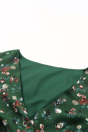 Green Floral Print Wrap V Neck Peplum Top