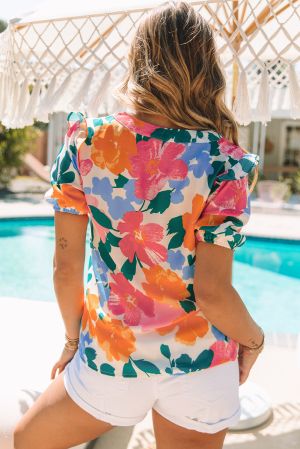 Multicolor Floral Print Ruffle Trim Puff Sleeve Shirt