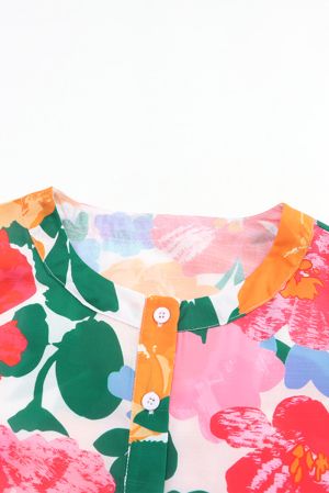 Multicolor Floral Print Ruffle Trim Puff Sleeve Shirt