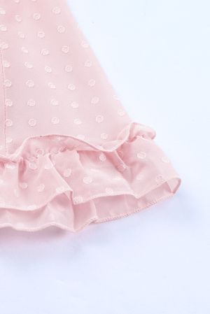 Дамска розова рокля с дълъг ръкав, принт на точки и ефектен гръб