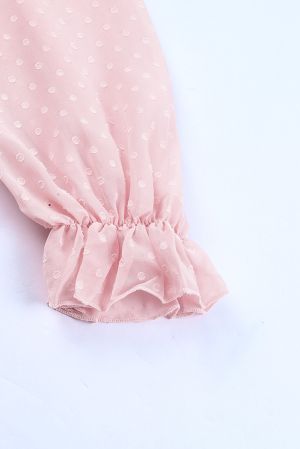 Дамска розова рокля с дълъг ръкав, принт на точки и ефектен гръб
